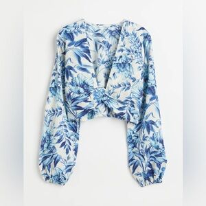 H&M Women’s LINEN-BLEND CROP Twist Front Long Sleeve BLOUSE Blue, White Floral S